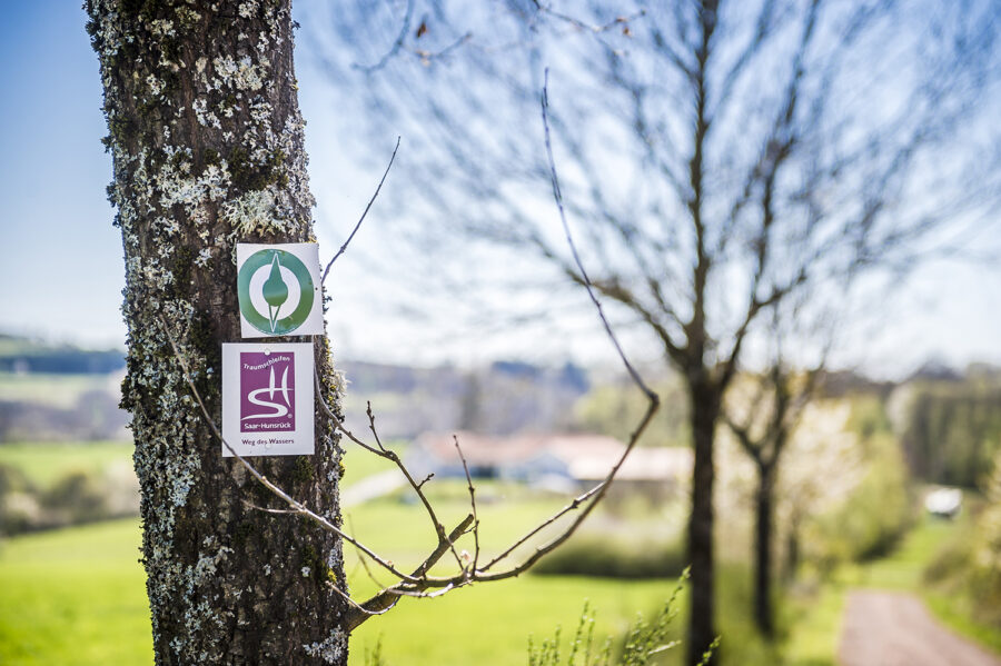 Hinweisschilder der Traumschleife Weg des Wassers am alten Weg oberhalb des Hofs