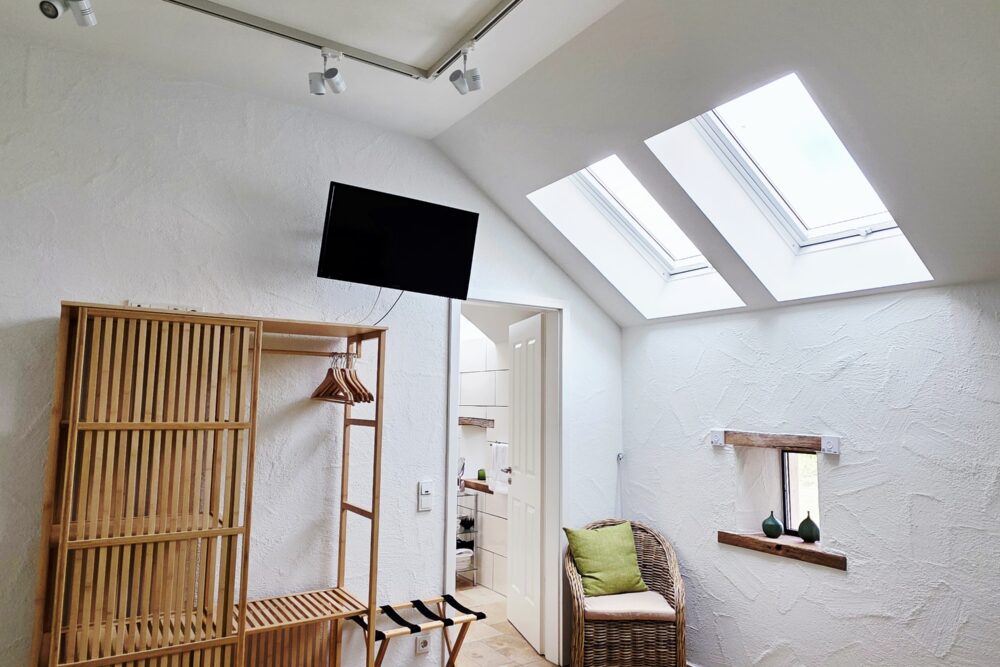 Blick vom Bett aus auf den offenen Schrank, Fernseher, Tür zum Badezimmer und Dachflächenfenster im Hotelzimmer Gänseblümchen
