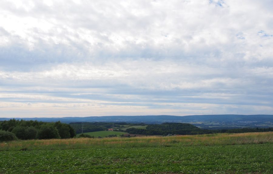 Blick von der Höhe auf das Hofgut Dösterhof vor dem Hochwald